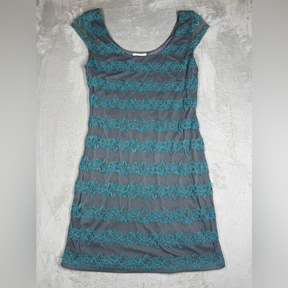 Y2K Candies Mesh Floral Lace Grey Blue Striped Cap Sleeve Mini Cocktail Dress XL